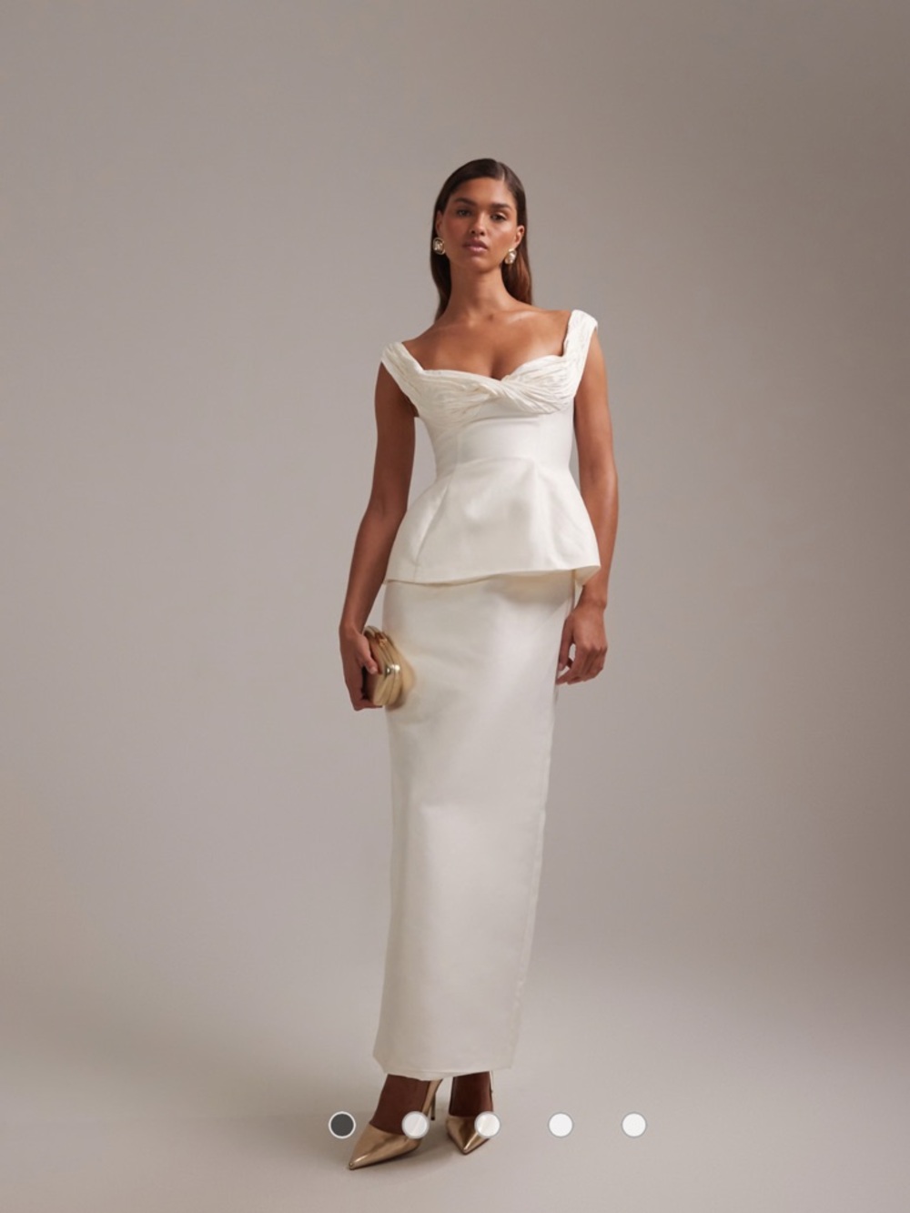 ASOS DESIGN ruched off shoulder structured midaxi wedding dress in ivory Size 2